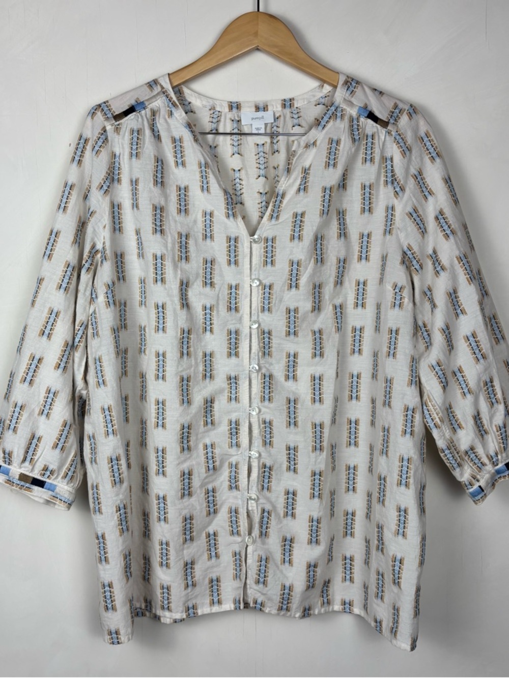 Pure Jill Ivory Geometric Print Button Front Blouse Women's L 3/4 Sleeve V-Neck